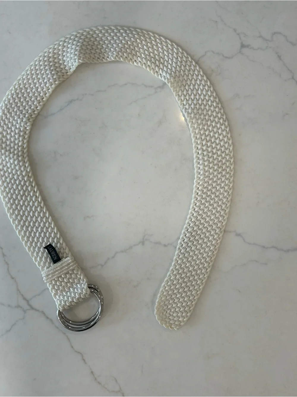 Lauren Ralph Lauren White Braided Double Ring Silver Nylon Belt 2”W